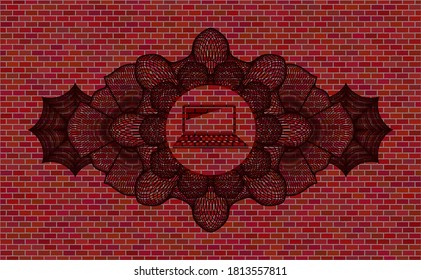 Linear currency decoration laptop computer icon inside red brick stone wall realistic badge. Tiles chic background. Illustration. 