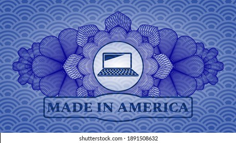 Linear currency decoration laptop computer icon and Made in America text blue japan realistic badge. Geometric fashionable background. Vector illustration. 