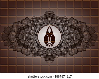 Linear currency decoration Launch icon inside chocolate realistic emblem. Brown classic background. Intense illustration. 