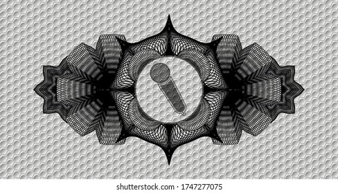 Linear currency decoration microphone icon inside grey color style pattern realistic badge. Trendy graceful background. Illustration. 
