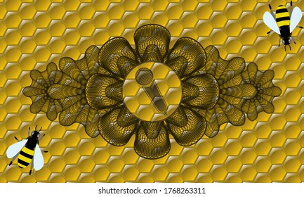 Lineare Währungs-Dekoration Mikrofon-Symbol in Honigbienen realistische Abzeichen. Bienenzucht auf würdevollem Hintergrund. Intensive Illustration. 