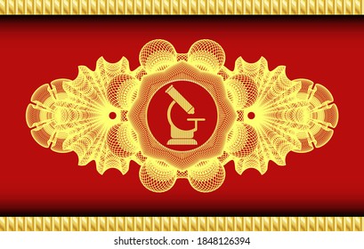Lineare Währungsdekoration Mikroskop-Symbol in Gold und Rot-Emblem. Traditionell zarter Hintergrund. Intensive Illustration. 
