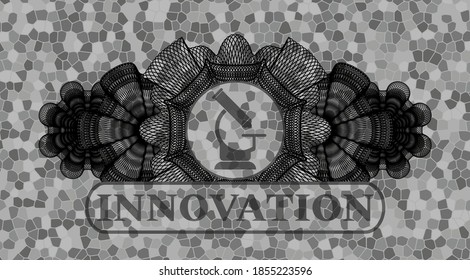 Linear currency decoration microscope icon and Innovation text stone wall realistic badge. Rock fashionable background. Intense illustration. 