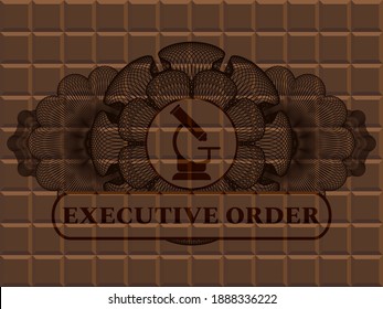 Linear currency decoration microscope icon and executive order text chocolate badge. Brown graceful background. Artistic illustration. 