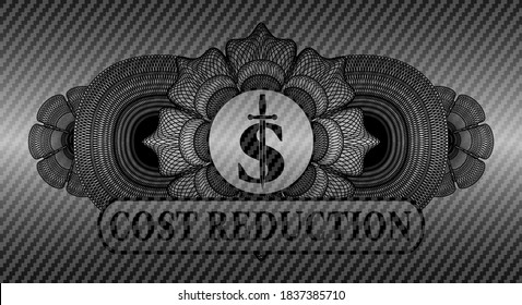 Linear currency decoration money symbol with sword icon and Cost Reduction text carbon fiber dark realistic emblem. Polymer texture fashionable background. Vector illustration. 