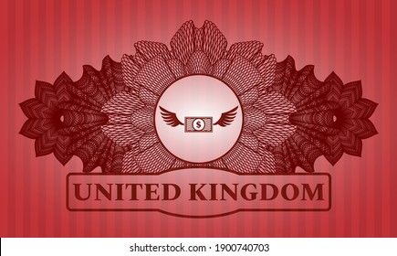 Linear currency decoration Money wings flying icon and United Kingdom text red realistic badge. Bars delicate background. Vector illustration. 