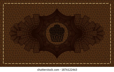 Linear currency decoration muffin icon inside brown leather realistic emblem. Wallet chic background. Intense illustration. 