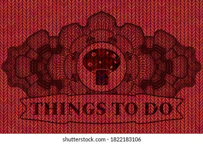 Linear currency decoration mushroom icon and things to do text Red color woolen fabric emblem. Cloth delicate background. Illustration. 