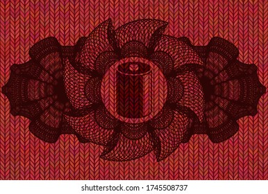 Linear currency decoration old battery icon inside Red woolen fabric badge. Cloth fancy background. Intense illustration. 