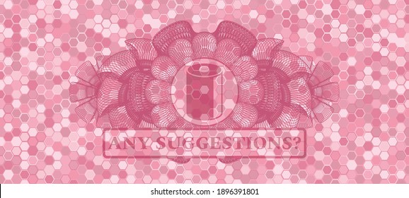 Linear currency decoration old battery icon and Any suggestions? text pink tiles mosaic realistic badge. Geometric hexagon fashionable background. Intense illustration. 