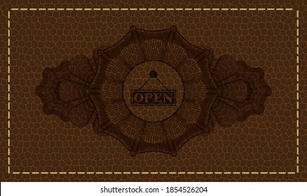 Linear currency decoration open business sign icon inside brown leather emblem. Wallet fashionable background. Illustration. 