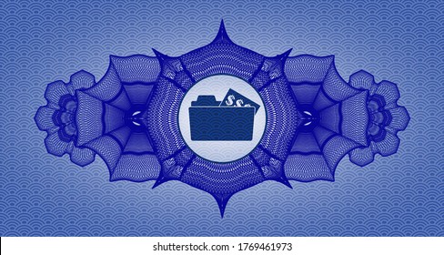 Linear currency decoration open folder with money document icon inside blue color japan pattern realistic emblem. Geometric delicate background. Vector illustration. 