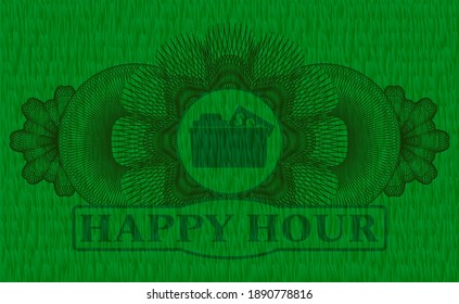 Linear currency decoration open folder with money document icon and Happy hour text grass grama badge. Eco chic background. Intense illustration. 