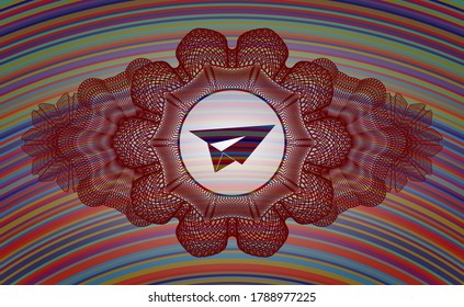 Linear currency decoration paper plane icon inside colorful emblem. Showy exquisite background. Artistic illustration. 