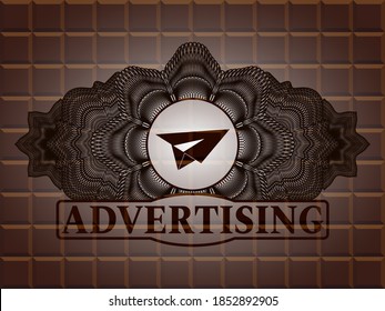 Linear currency decoration paper plane icon and Advertising text chocolate emblem. Brown exquisite background. Vector illustration. 