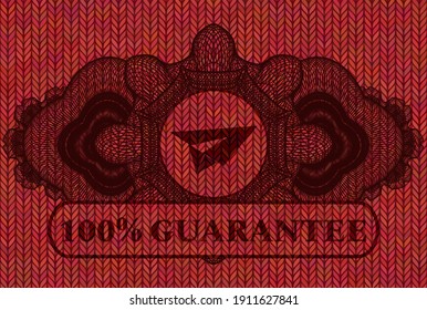 Linear currency decoration paper plane icon and 100% Guarantee text Red color woolen fabric realistic badge. Cloth handsome background. Illustration. 