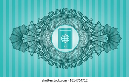 Linear currency decoration passport icon inside Turquoise color realistic badge. Bars chic background. Illustration. 