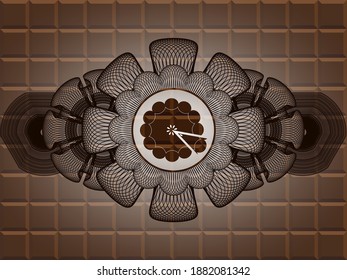 Linear currency decoration pie icon inside chocolate realistic badge. Brown delicate background. Illustration. 