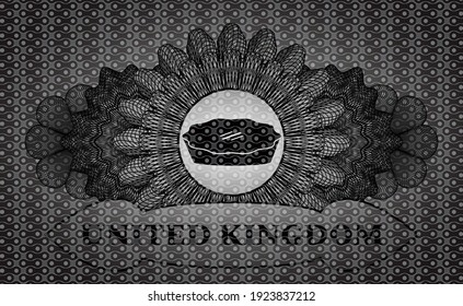 Linear currency decoration pie icon and United Kingdom text black abstract emblem. Pattern chic background. Vector illustration. 