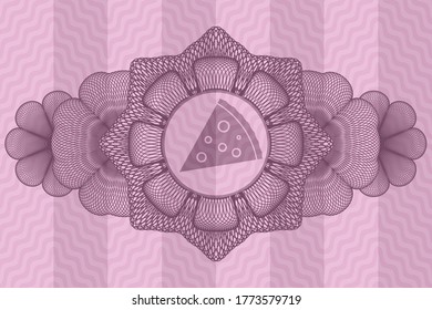 Linear currency decoration pizza slice icon inside pink wavy badge. Curve exquisite background. Artistic illustration. 