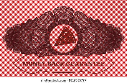 Linear currency decoration pizza slice icon and money back guarantee text red checkered tablecloth emblem. Restaurant graceful background. Vector illustration. 