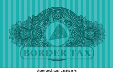 Linear currency decoration pizza slice icon and border tax text Turquoise color emblem. Bars exquisite background. Illustration. 