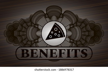 Decoración lineal de moneda para pizzas barra icono y Beneficios texto emblema realista de madera. Fondo elegante marrón. Ilustración. 