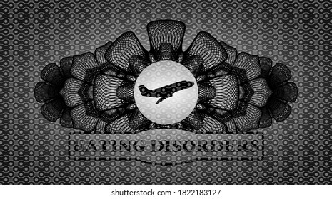 Linear currency decoration Plane taking off icon and Eating disorders text black abstract realistic badge. Pattern fancy background. Vector illustration. 