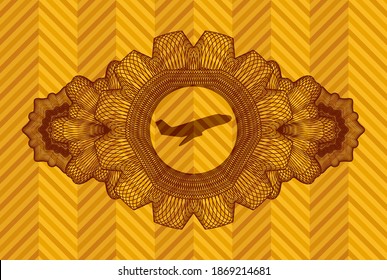 Linear currency decoration Plane taking off icon inside orange realistic emblem. Geometric fashionable background. Artistic illustration. 