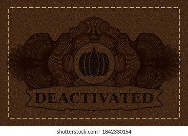 Linear currency decoration pumpkin icon and Deactivated text leather badge. Wallet chic background. Illustration. 