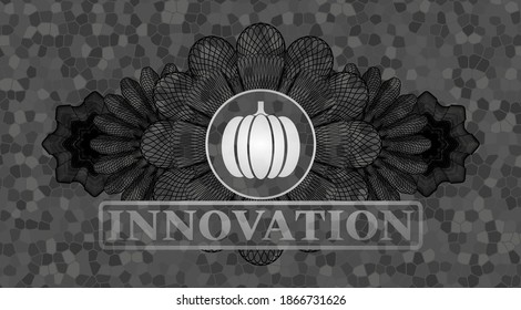 Decoración de moneda lineal icono de calabaza e Innovación texto de color gris pared de piedra real marca realista. Fondo de moda. Ilustración. 