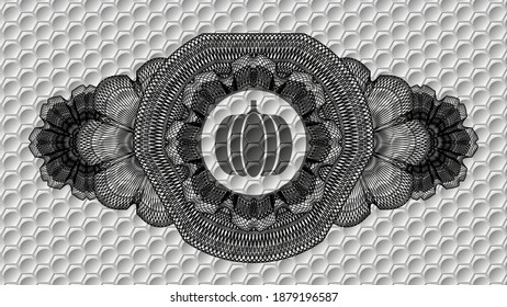 Linear currency decoration pumpkin icon inside grey color hexagon style pattern realistic emblem. Trendy fancy background. Illustration. 