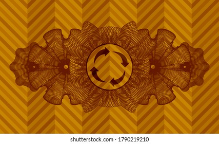 Linear currency decoration reusable icon inside abstract orange emblem. Geometric fashionable background. Vector illustration. 