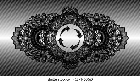 Linear currency decoration reusable icon inside carbon fiber dark emblem. Polymer texture luxurious background. Intense illustration. 