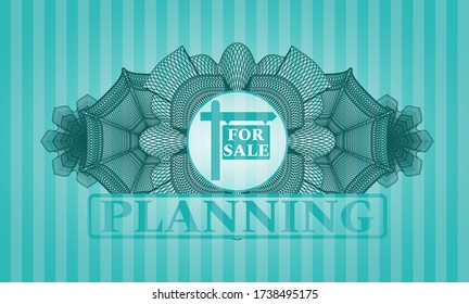Linear currency decoration For sale sign icon and Planning text Turquoise color emblem. Bars handsome background. Artistic illustration. 