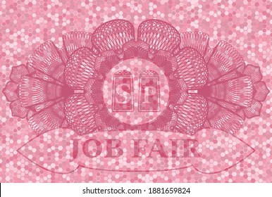 Linear currency decoration salt and pepper icon and Job fair text pink color tiles mosaic realistic badge. Geometric hexagon fashionable background. Intense illustration. 