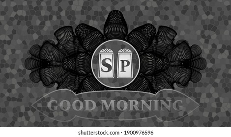 Linear currency decoration salt and pepper icon and Good morning text grey stone wall emblem. Rock exquisite background. Vector illustration. 