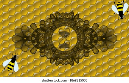 Lineare Währungsdekoration Sand-Uhr-Symbol in süßen Honigbienen symbolisch.Imkerei hält gut aussehenden Hintergrund. Künstlerische Illustration. 