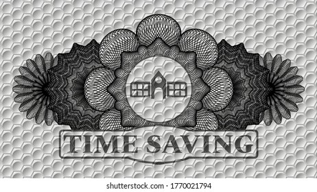 Linear currency decoration school icon and Time Saving text grey color shiny hexagon geometric style pattern realistic badge. Trendy fashionable background. Intense illustration. 