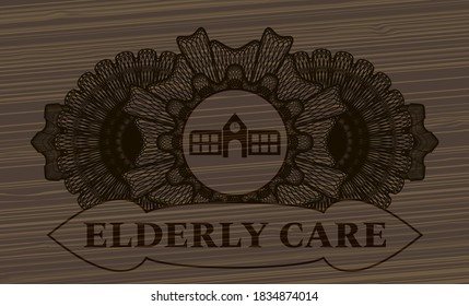 Linear currency decoration school icon and Elderly care text dark wood realistic badge. Brown fancy background. Vector illustration. 