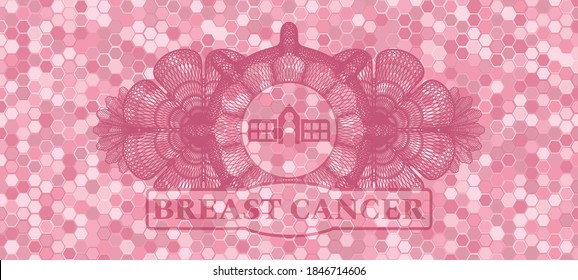 Linear currency decoration school icon and Breast Cancer text pink tile mosaic style pattern realistic badge. Geometric hexagon chic background. Vector illustration. 