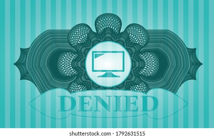 Linear currency decoration screen icon and denied text Turquoise color badge. Bars fancy background. Illustration. 