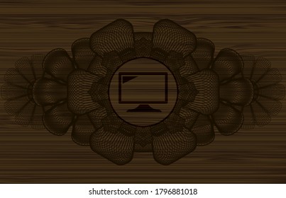Icono de la pantalla de decoración de moneda lineal dentro de la placa de madera. Fondo de fantasía marrón. Ilustración. 
