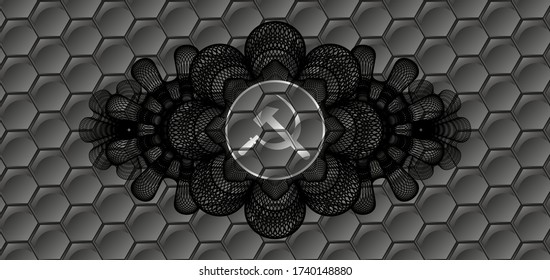 Linear currency decoration Sickle and hammer icon inside grey pattern geometric realistic badge. Trendy graceful background. Vector illustration. 