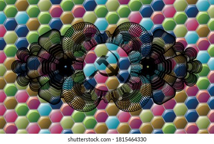 Decoración de moneda lineal Icono de endil y martillo dentro de la insignia multicolor colorida. Fondo de fantasía hexagonal. Ilustración artística. 