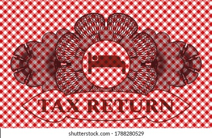 Decoración de moneda lineal icono de sueño y placa de manteles de cuadros rojos de texto Devolución de Impuestos. Restaurante de ambiente moderno. Ilustración vectorial. 