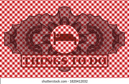 Linear currency decoration sleeping icon and things to do text red checkered tablecloth badge. Restaurant delicate background. Intense illustration. 