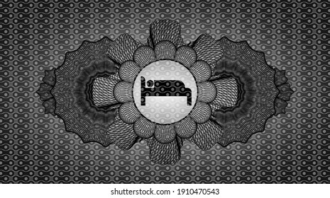 Linear currency decoration sleeping icon inside black abstract emblem. Pattern chic background. Intense illustration. 