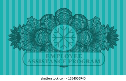 Linear Currency Decoration Snowflake Icon And Employee Assistance Program Text Turquoise Emblem. Bars Exquisite Background. Intense Illustration. 