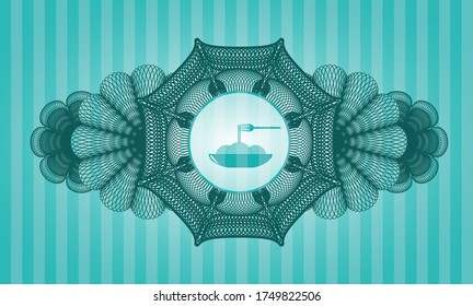 Linear currency decoration spaghetti icon inside Turquoise emblem. Bars graceful background. Intense illustration. 
